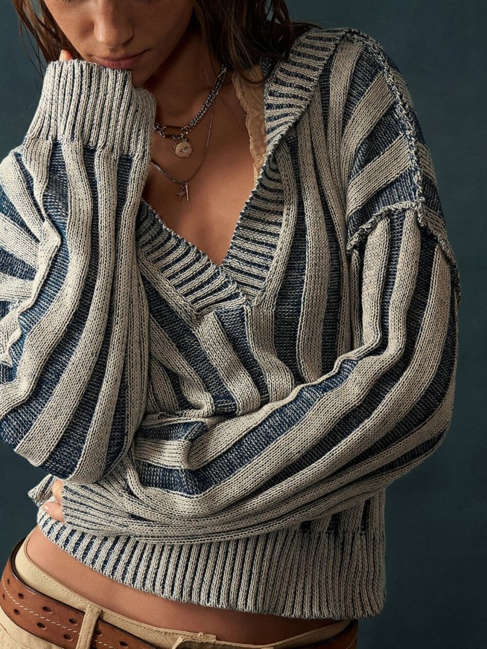 Blue And White Casual Women's Pattern Drop Shoulder Hooded Sweater